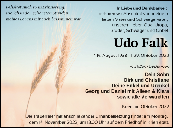 Traueranzeige von Udo Falk von Vorpommern Kurier