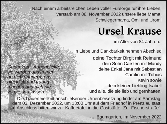 Traueranzeige von Ursel Krause von Prenzlauer Zeitung