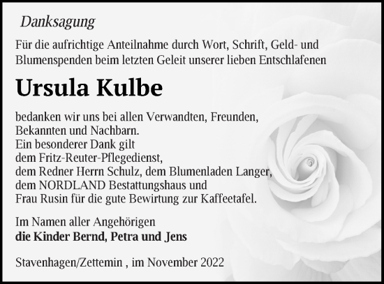 Traueranzeige von Ursula Kulbe von Mecklenburger Schweiz