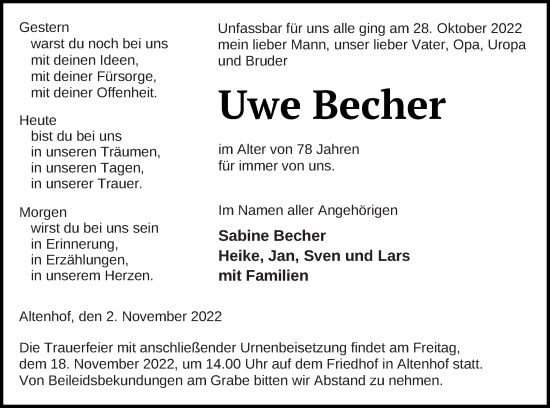 Traueranzeige von Uwe Becher von Müritz-Zeitung