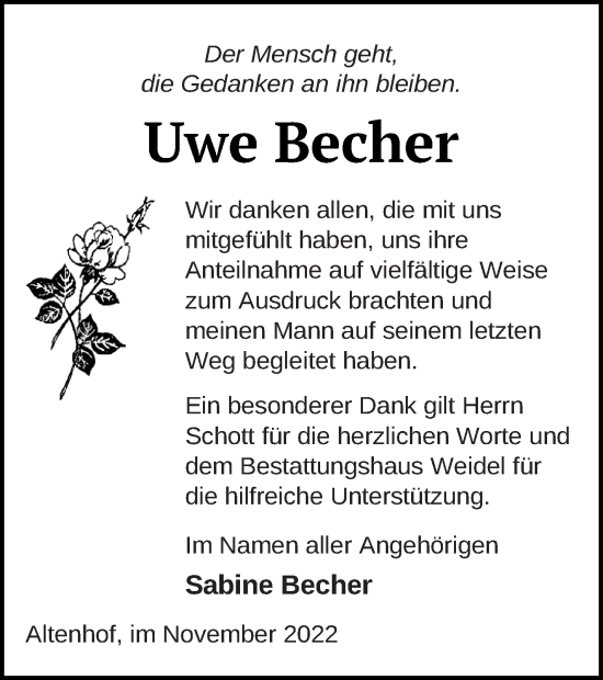 Traueranzeige von Uwe Becher von Müritz-Zeitung