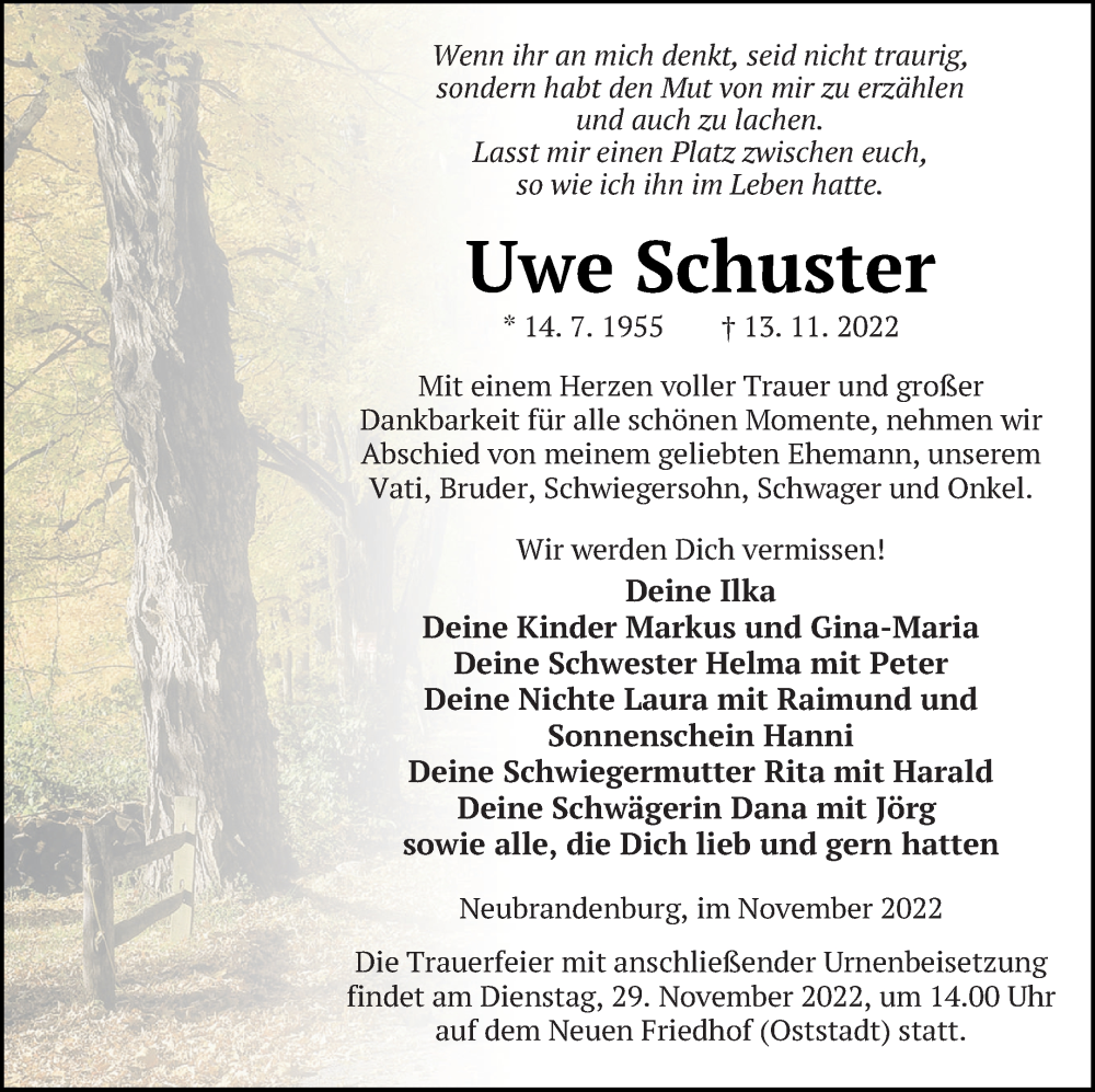  Traueranzeige für Uwe Schuster vom 19.11.2022 aus Neubrandenburger Zeitung