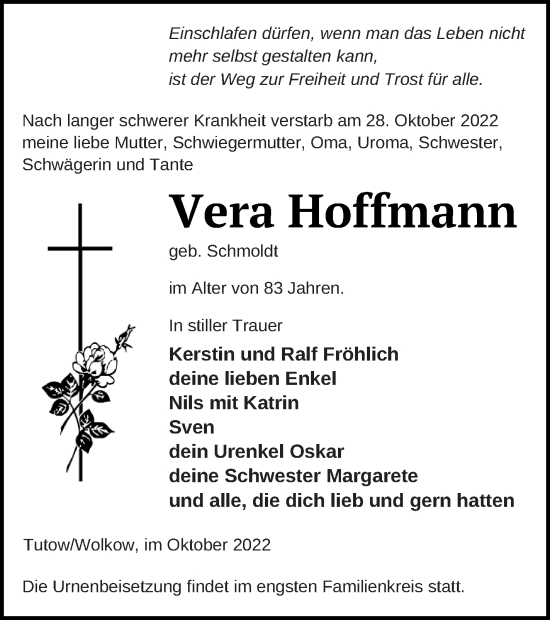 Traueranzeige von Vera Hoffmann von Demminer Zeitung