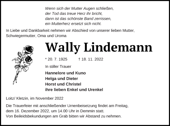 Traueranzeige von Wally Lindemann von Demminer Zeitung