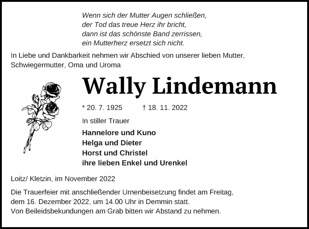  Traueranzeige für Wally Lindemann vom 24.11.2022 aus Demminer Zeitung