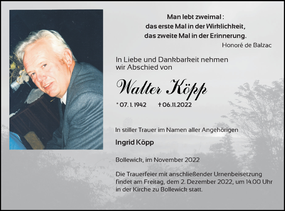  Traueranzeige für Walter Köpp vom 19.11.2022 aus Müritz-Zeitung