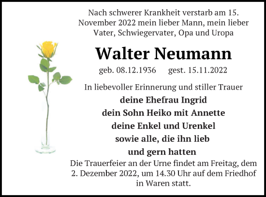 Traueranzeige von Walter Neumann von Müritz-Zeitung