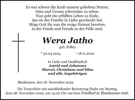 Traueranzeige von Wera Jatho von Pasewalker Zeitung