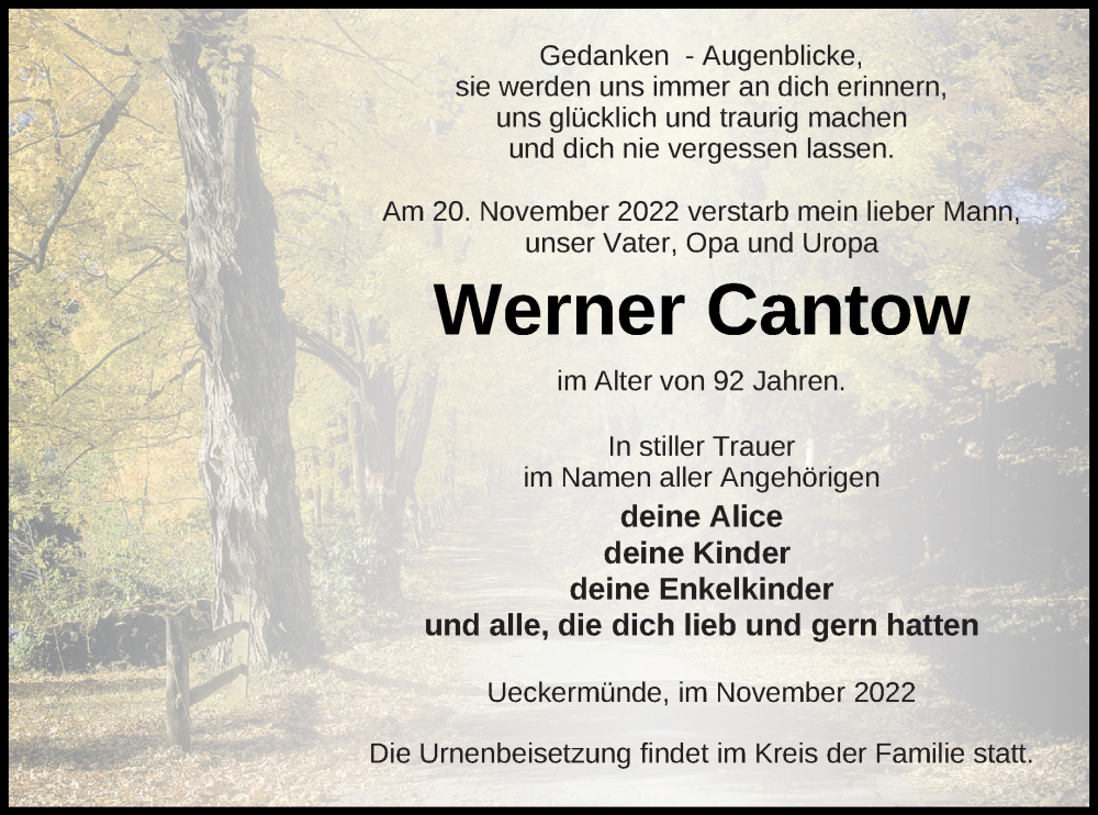  Traueranzeige für Werner Cantow vom 25.11.2022 aus Haff-Zeitung