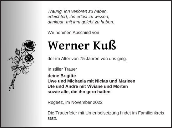 Traueranzeige von Werner Kuß von Müritz-Zeitung