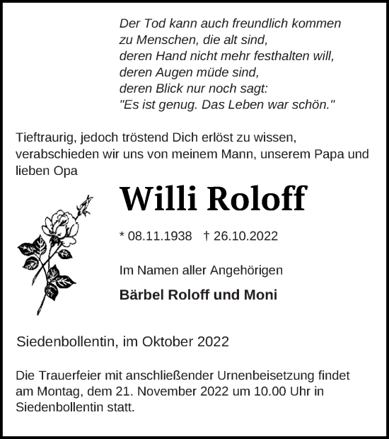 Traueranzeige von Willi Roloff von Neubrandenburger Zeitung