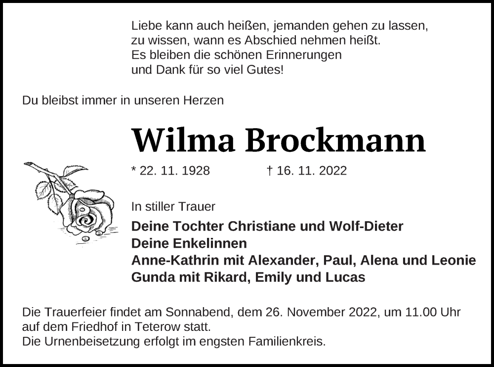  Traueranzeige für Wilma Brockmann vom 19.11.2022 aus Mecklenburger Schweiz