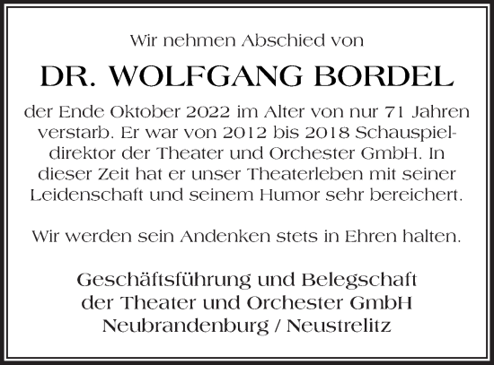 Traueranzeige von Wolfgang Bordel von Neubrandenburger Zeitung