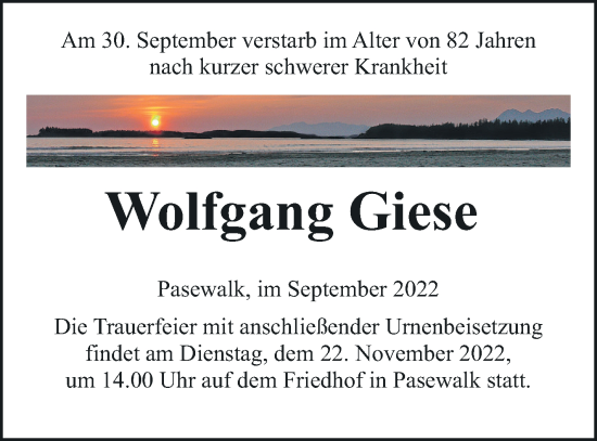 Traueranzeige von Wolfgang Giese von Pasewalker Zeitung