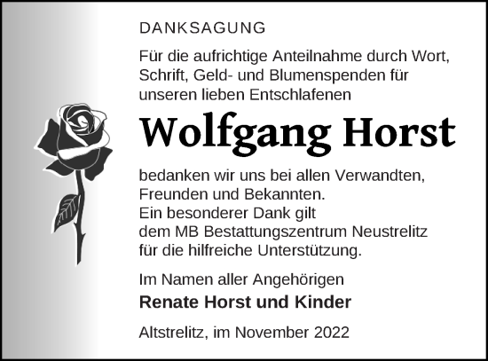 Traueranzeige von Wolfgang Horst von Strelitzer Zeitung