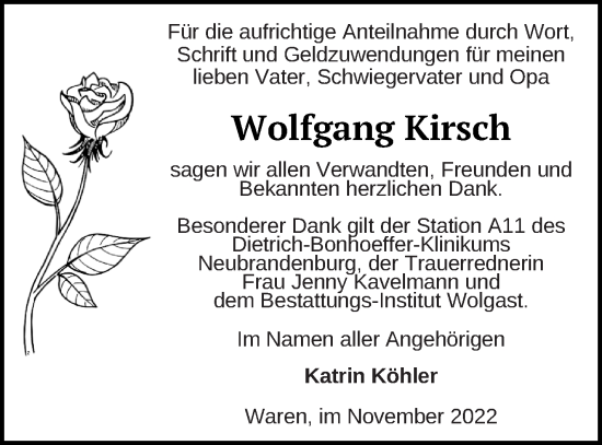 Traueranzeige von Wolfgang Kirsch von Müritz-Zeitung
