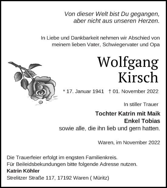 Traueranzeige von Wolfgang Kirsch von Müritz-Zeitung