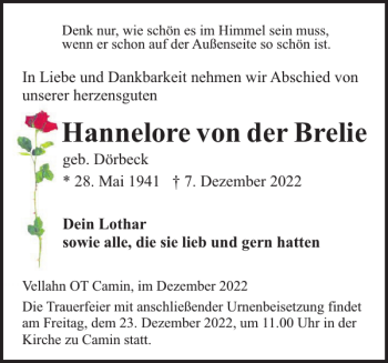 Traueranzeige von Hannelore von der Brelie von Hagenower Kreisblatt