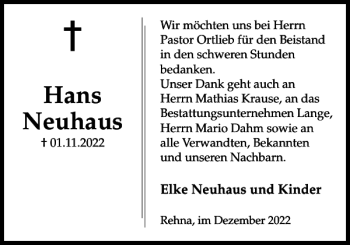 Traueranzeige von Hans Neuhaus von Gadebusch-Rehnaer Zeitung