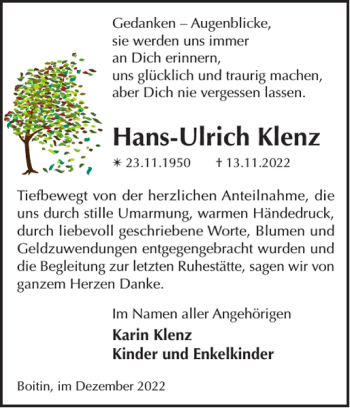 Traueranzeige von Hans-Ulrich Klenz von Bützower Zeitung