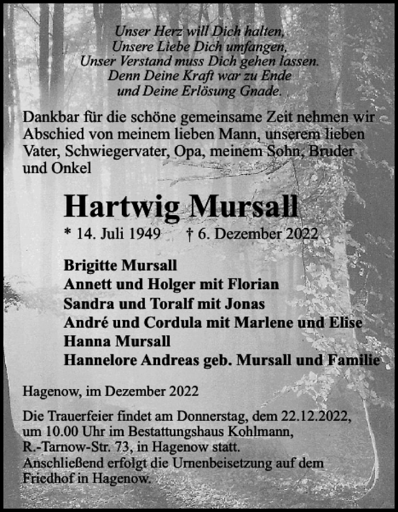  Traueranzeige für Hartwig Mursall vom 17.12.2022 aus Hagenower Kreisblatt