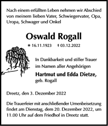 Traueranzeige von Oswald Rogall von Bützower Zeitung