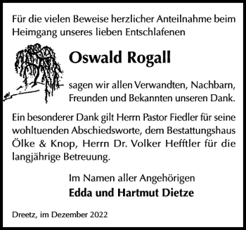 Traueranzeige von Oswald Rogall von Bützower Zeitung