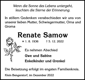 Traueranzeige von Renate Samow von Hagenower Kreisblatt