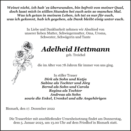 Traueranzeige von Adelheid Hettmann von Pasewalker Zeitung