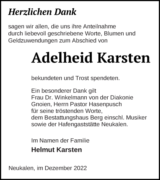 Traueranzeige von Adelheid Karsten von Mecklenburger Schweiz