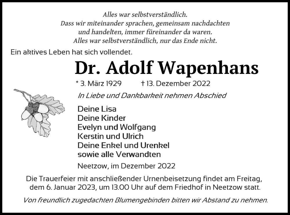  Traueranzeige für Adolf Wapenhans vom 17.12.2022 aus Vorpommern Kurier