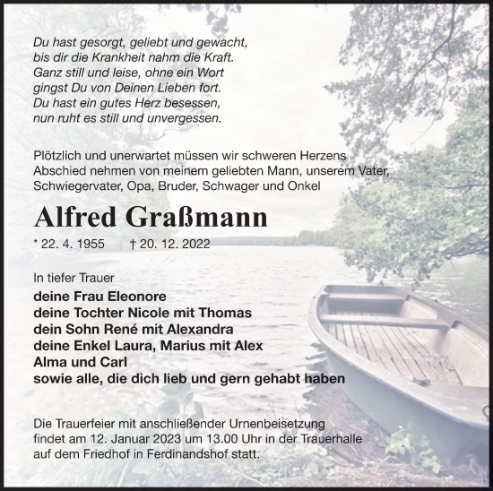 Traueranzeige von Alfred Graßmann von Haff-Zeitung