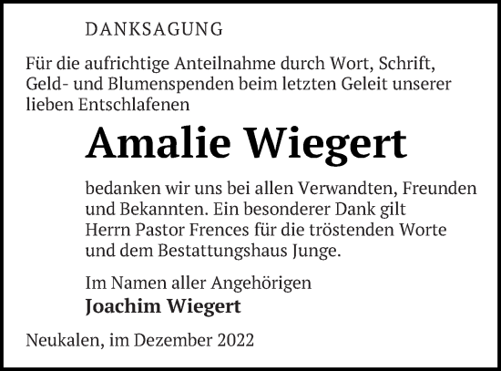 Traueranzeige von Amalie Wiegert von Mecklenburger Schweiz