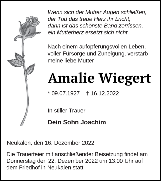 Traueranzeige von Amalie Wiegert von Mecklenburger Schweiz