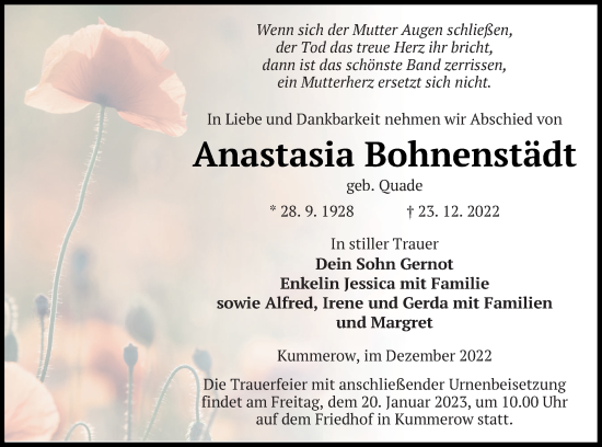 Traueranzeige von Anastasia Bohnenstädt von Mecklenburger Schweiz