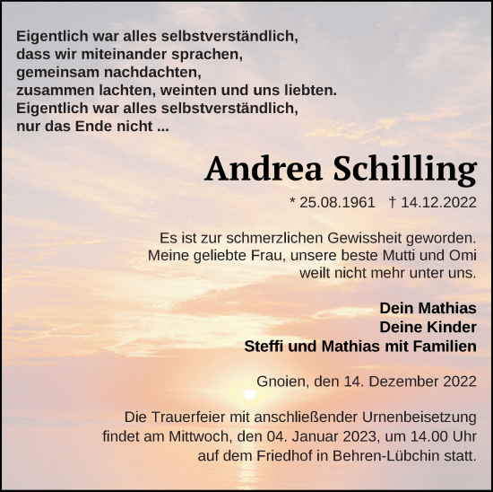 Traueranzeige von Andrea Schilling von Mecklenburger Schweiz