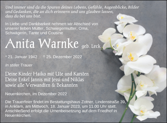 Traueranzeige von Anita Warnke von Vorpommern Kurier