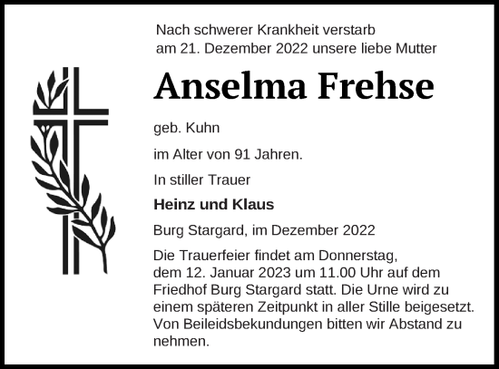 Traueranzeige von Anselma Frehse von Neubrandenburger Zeitung