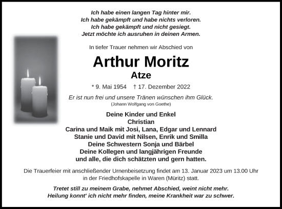 Traueranzeige von Arthur Moritz von Müritz-Zeitung