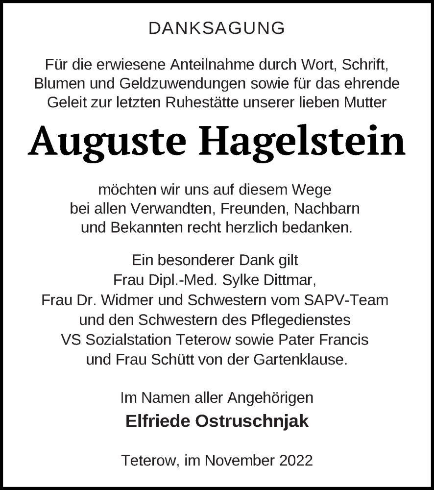  Traueranzeige für Auguste Hagelstein vom 02.12.2022 aus Mecklenburger Schweiz