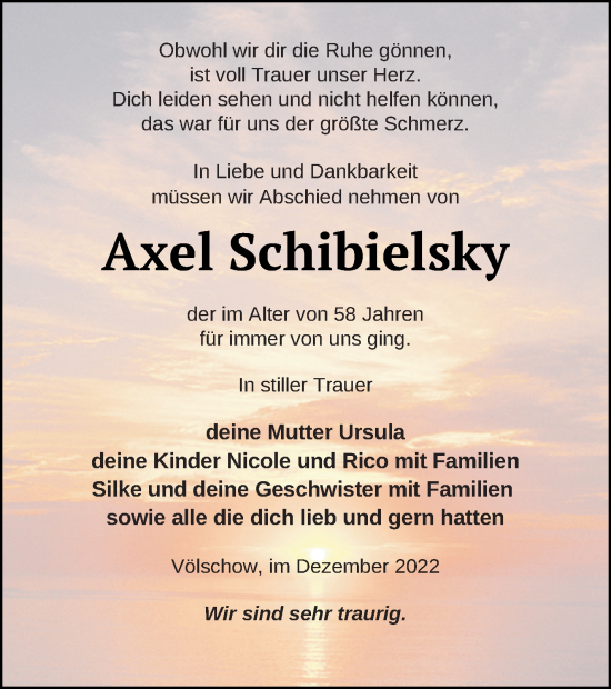 Traueranzeige von Axel Schibielsky von Vorpommern Kurier