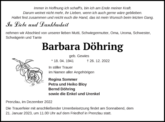 Traueranzeige von Barbara Döhring von Prenzlauer Zeitung