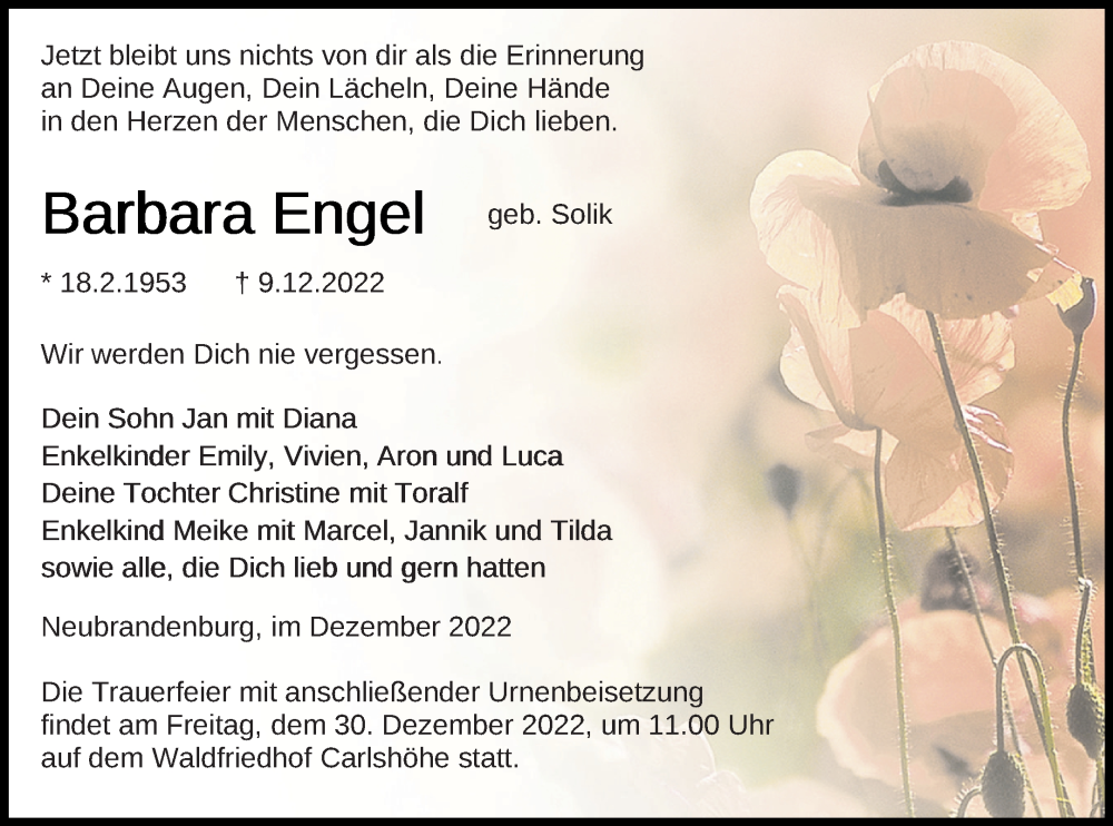  Traueranzeige für Barbara Engel vom 16.12.2022 aus Neubrandenburger Zeitung