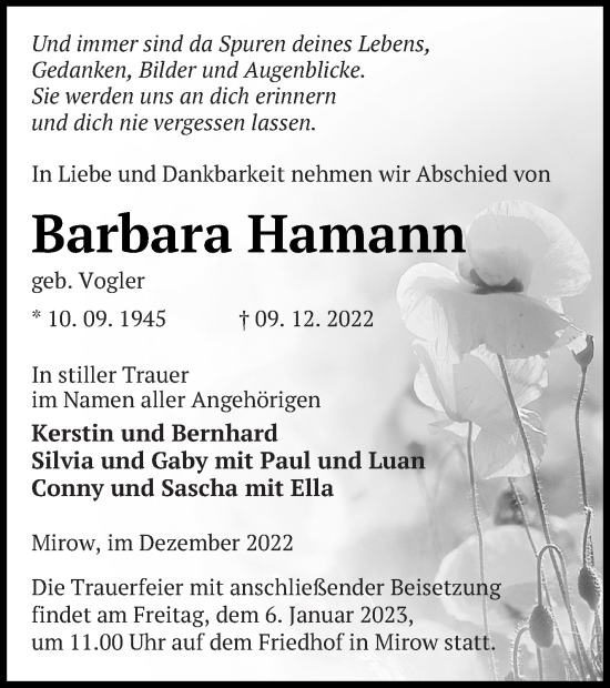 Traueranzeige von Barbara Hamann von Müritz-Zeitung