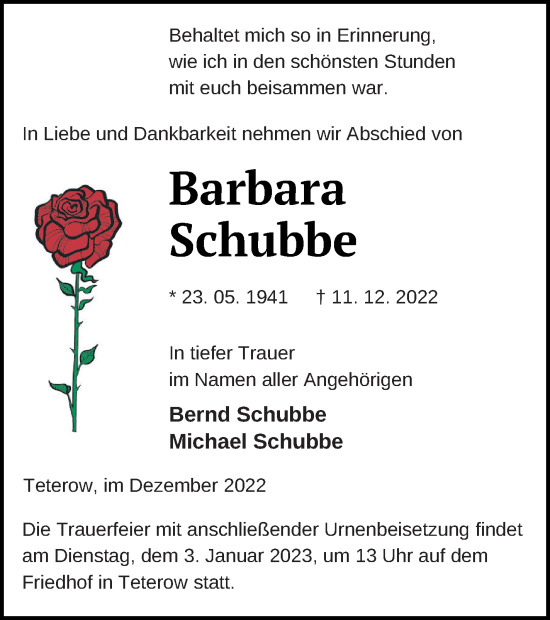 Traueranzeige von Barbara Schubbe von Mecklenburger Schweiz