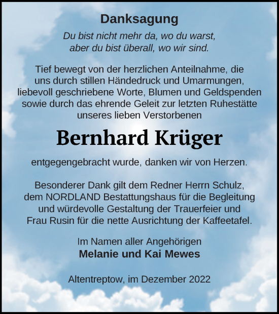 Traueranzeige von Bernhard Krüger von Neubrandenburger Zeitung