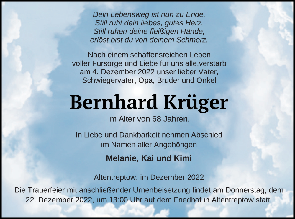  Traueranzeige für Bernhard Krüger vom 17.12.2022 aus Neubrandenburger Zeitung