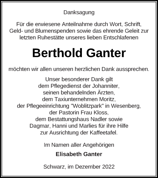 Traueranzeige von Berthold Ganter von Strelitzer Zeitung