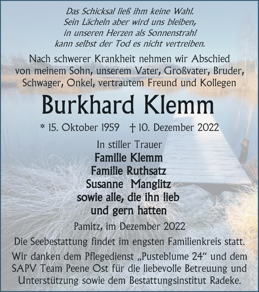  Traueranzeige für Burkhard Klemm vom 17.12.2022 aus Vorpommern Kurier