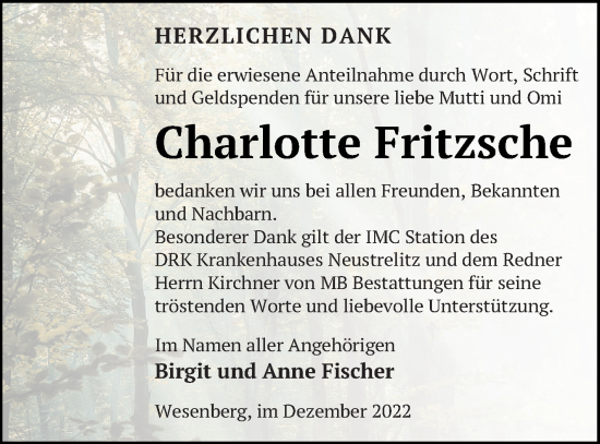 Traueranzeige von Charlotte Fritzsche von Strelitzer Zeitung